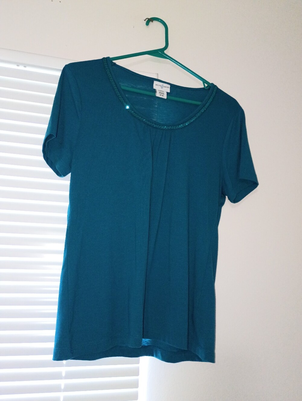 Jacyln Smith teal scoop-neck short sleeve top with beaded trim